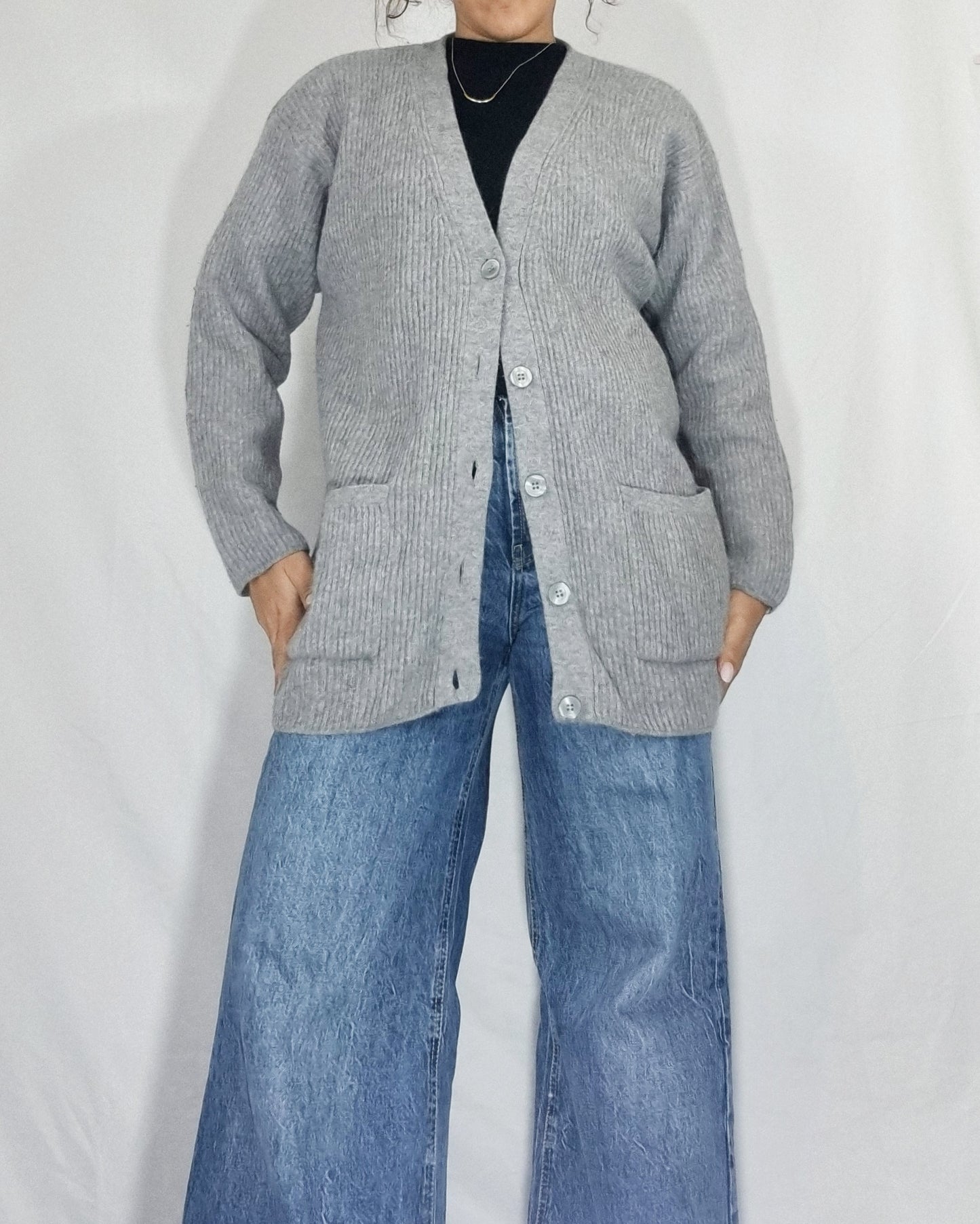 Cardigan vintage donna Prisma misto lana angora grigio bottoni TG XL