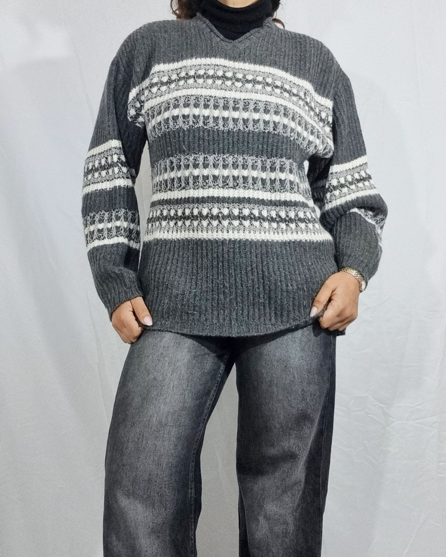 Maglione vintage grigio fantasia misto alpaca lana tg M