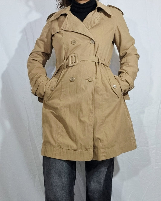 Trench donna vintage beige cammello impermeabile corto cintura cotone TG M