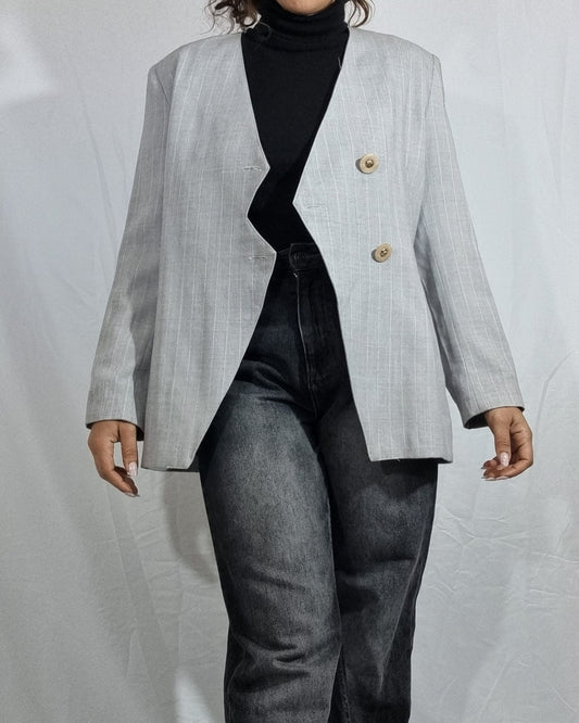 Giacca blazer vintage donna grigio gessato righe asimmetrico misto lana tg L