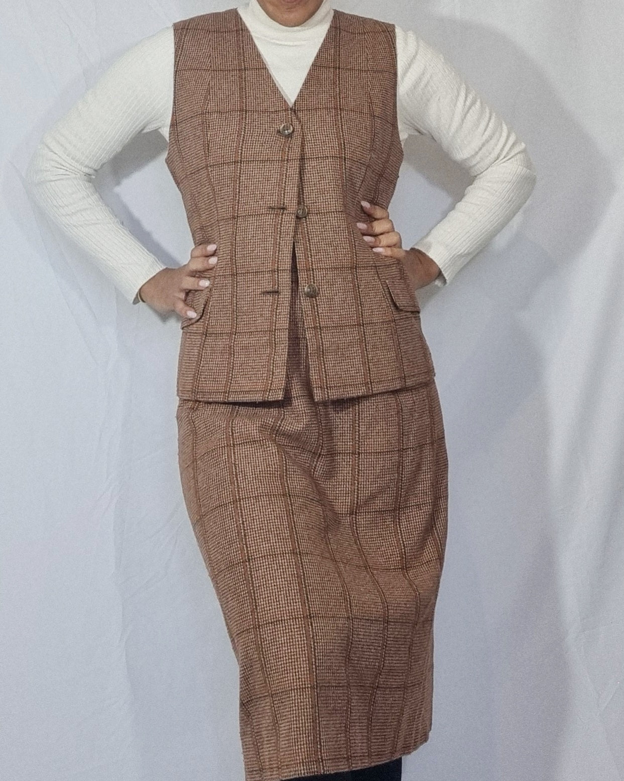 Tailleur completo vintage donna gonna gilet lana tweed quadri marrone arancio plaid tg 46