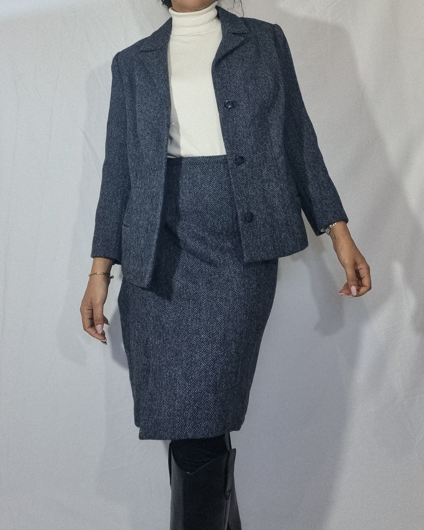 Tailleur vintage donna completo gonna giacca blazer lana tweed blu