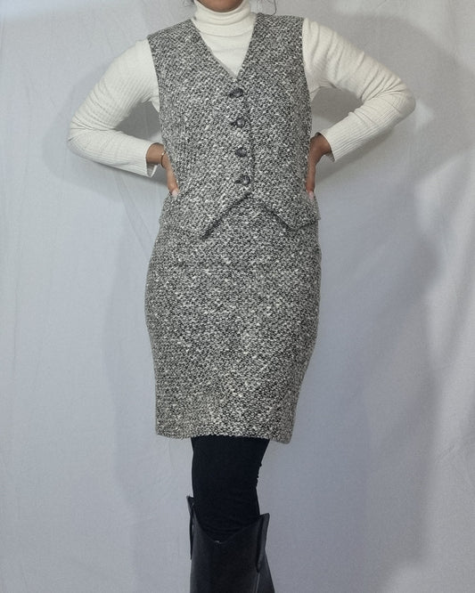 Tailleur completo vintage donna gonna gilet lana tweed bouclè grigio bianco nero tg 42