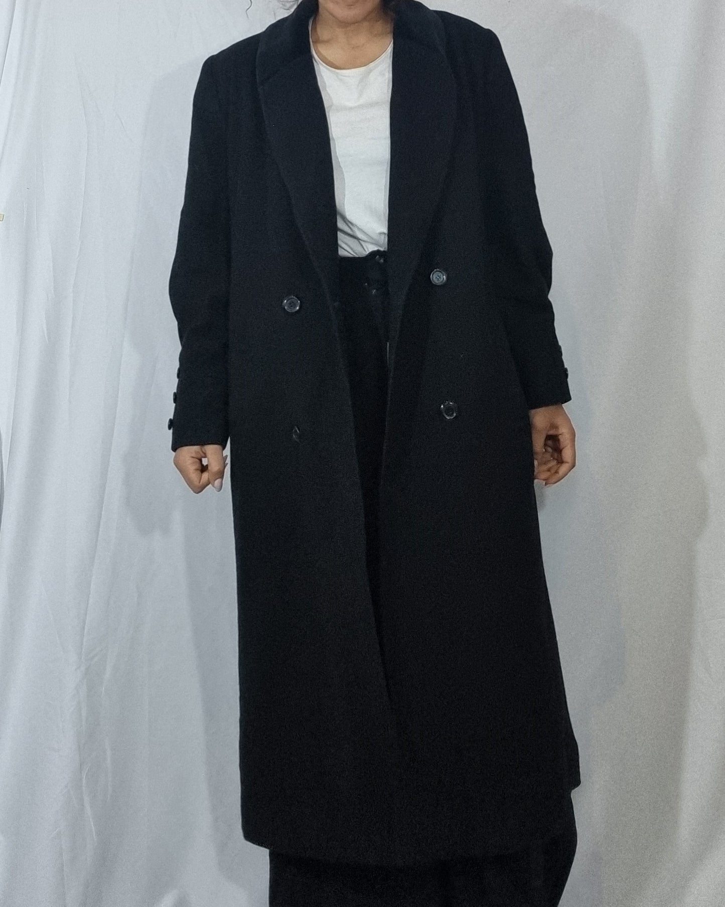 Cappotto vintage donna nero 100% lana lungo velluto