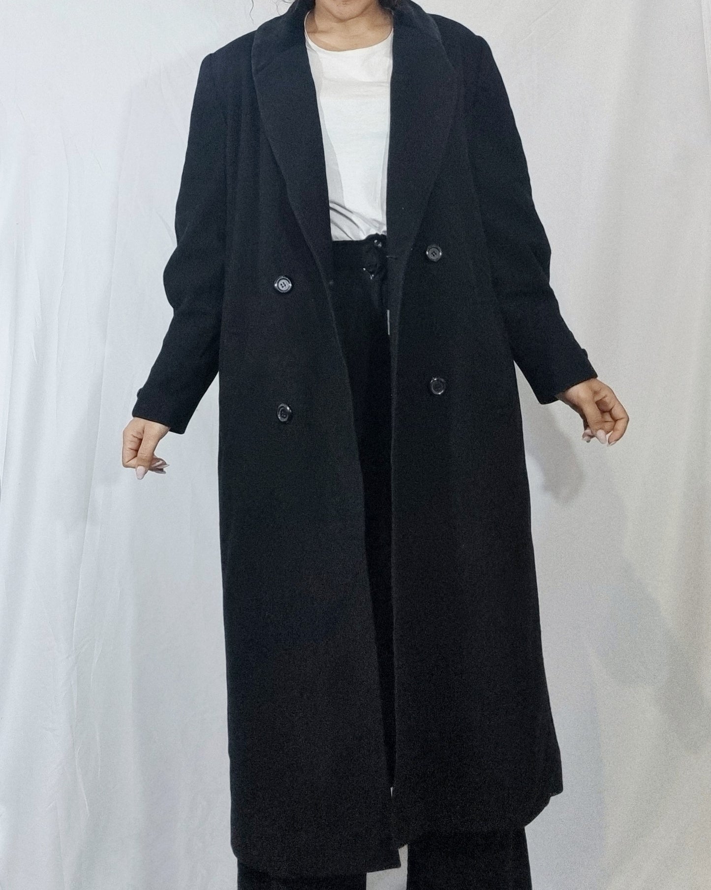 Cappotto vintage donna nero 100% lana lungo velluto