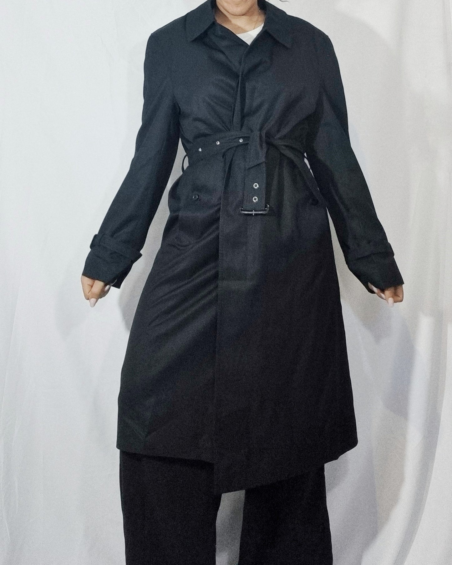 Cappotto trench vintage donna nero misto cotone impermeabile 48