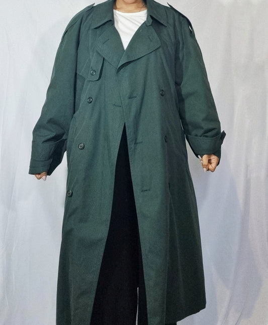 Cappotto trench verde scuro lungo cintura doppiopetto misto cotone vintage tg XXL