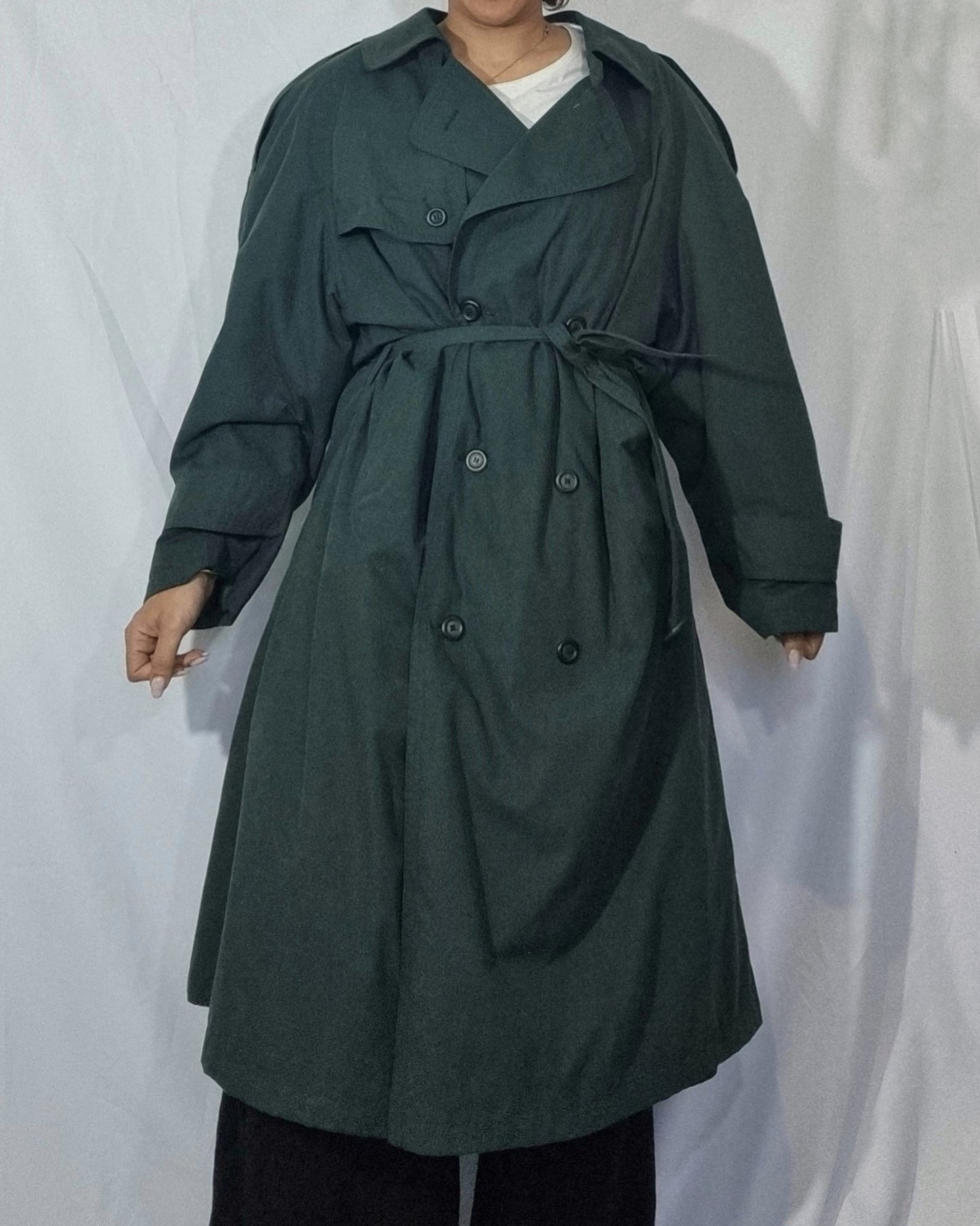 Cappotto trench verde scuro lungo cintura doppiopetto misto cotone vintage tg XXL