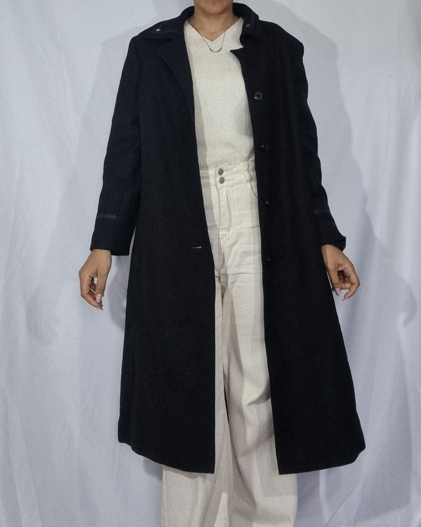 Cappotto vintage donna nero 100% lana lungo cintura tg L