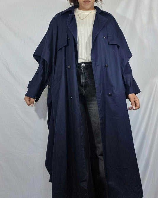 Trench vintage blu navy lungo cotone impermeabile giacca a vento