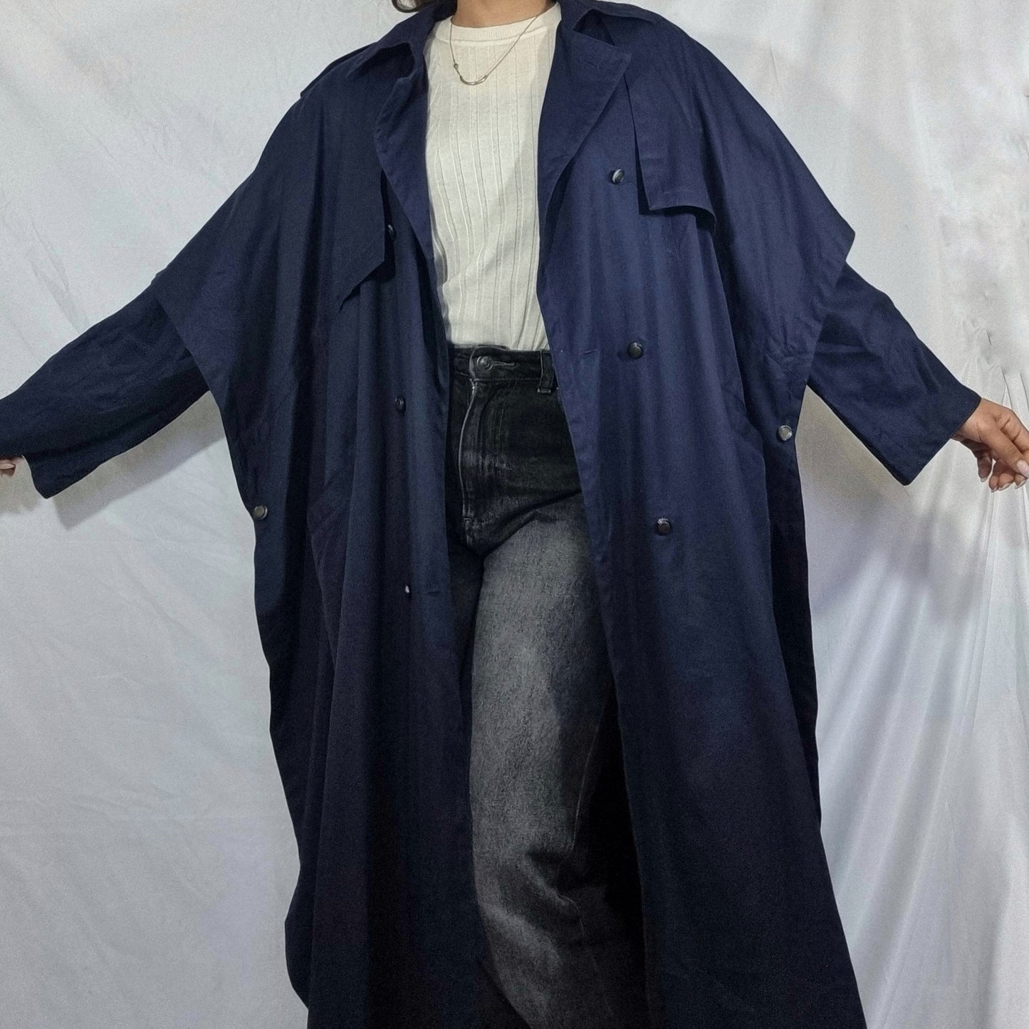 Trench vintage blu navy lungo cotone impermeabile giacca a vento