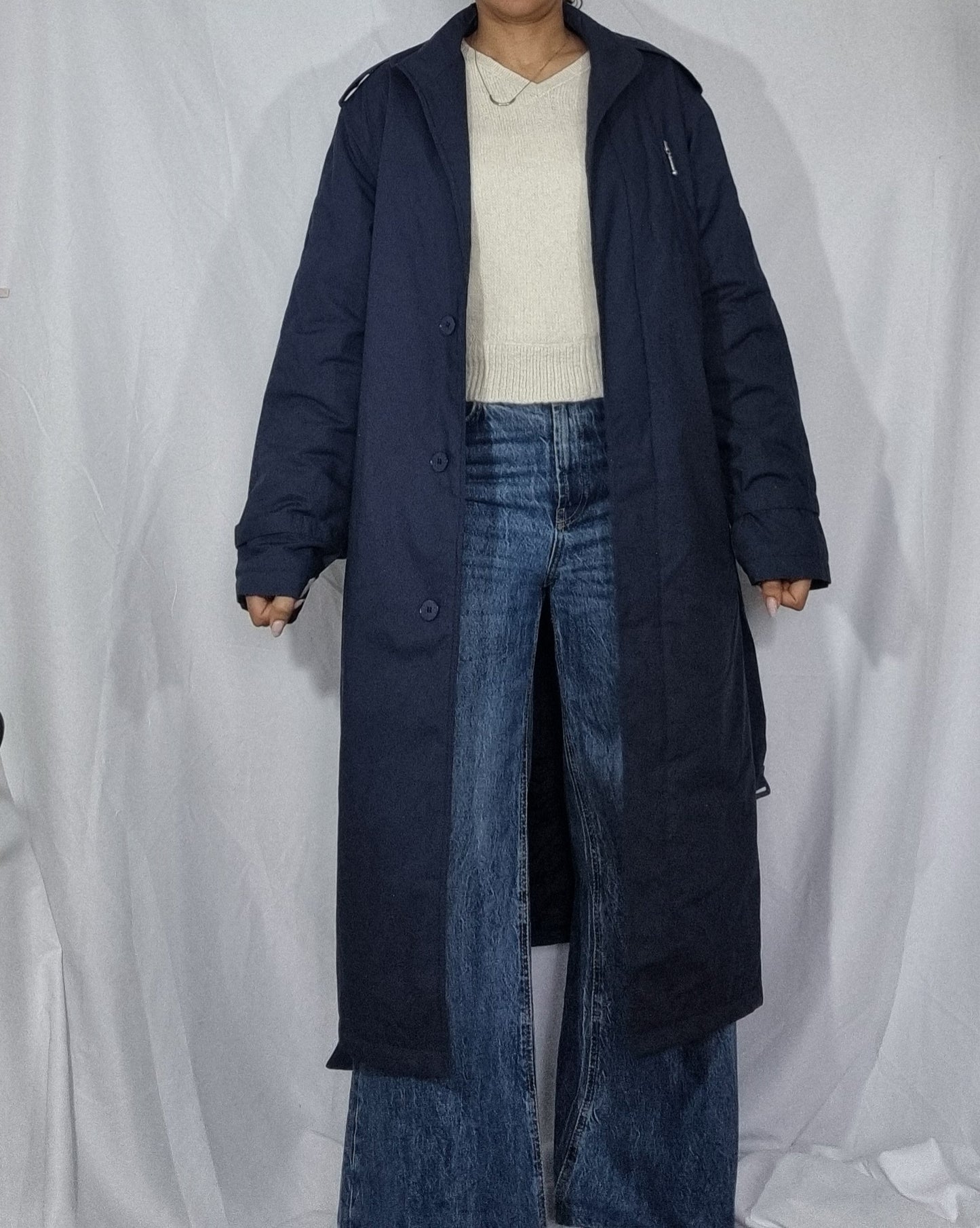 Cappotto trench blu navy imbottito misto cotone cintura tg 46