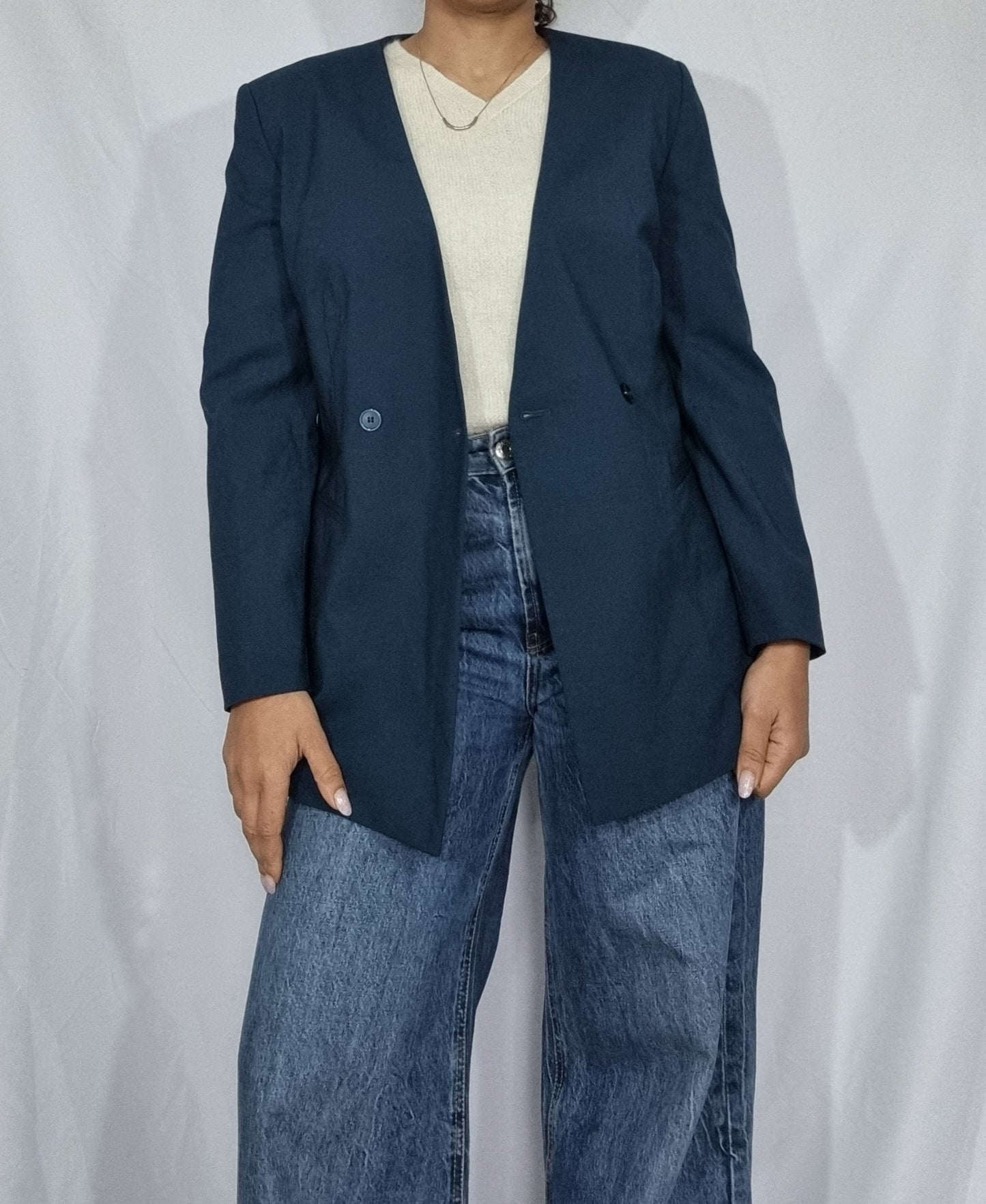 Giacca vintage donna blu ottanio blazer fresco di lana 100% lungo oversize strutturato TG 44