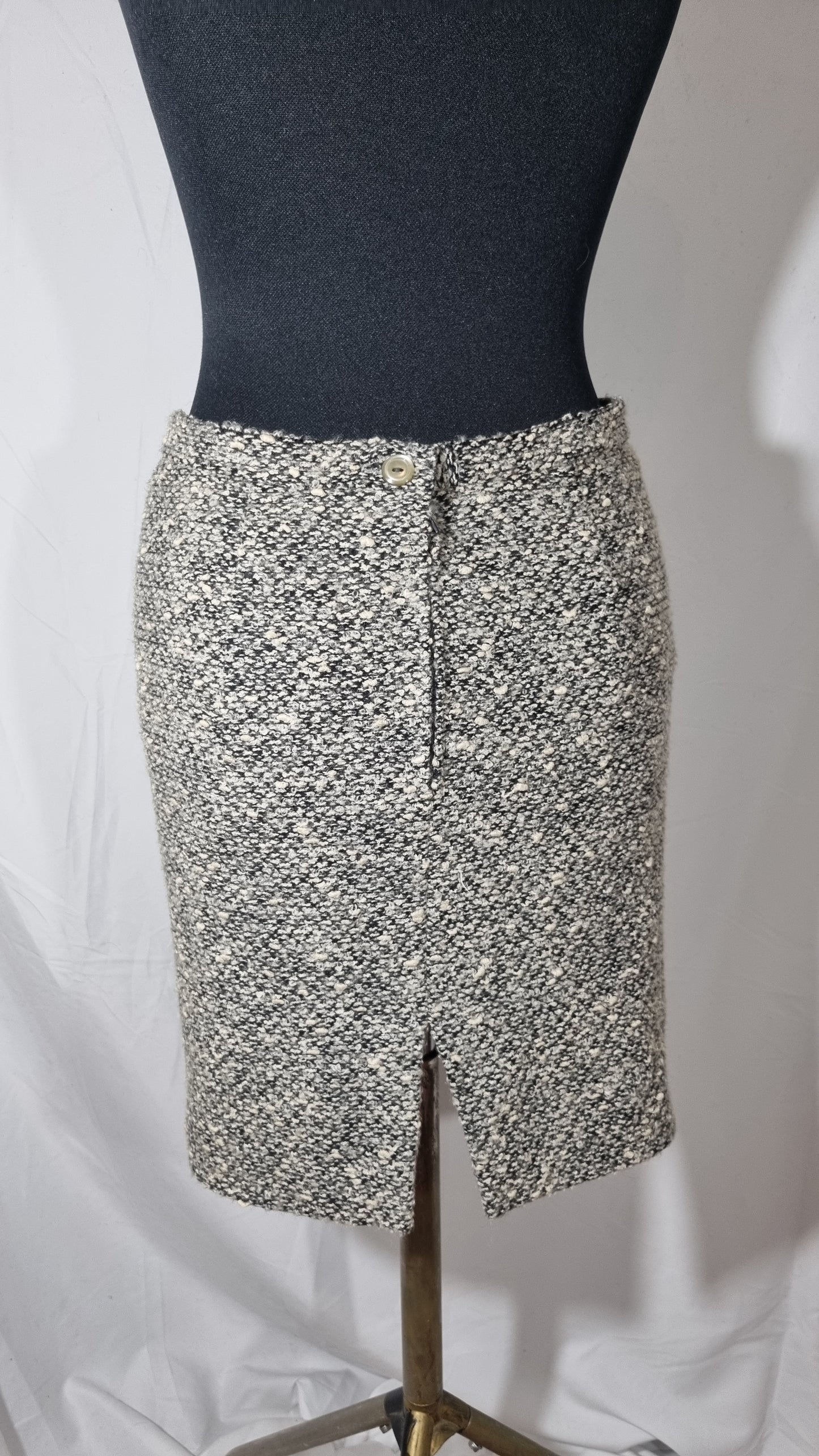 Tailleur completo vintage donna gonna gilet lana tweed bouclè grigio bianco nero tg 42