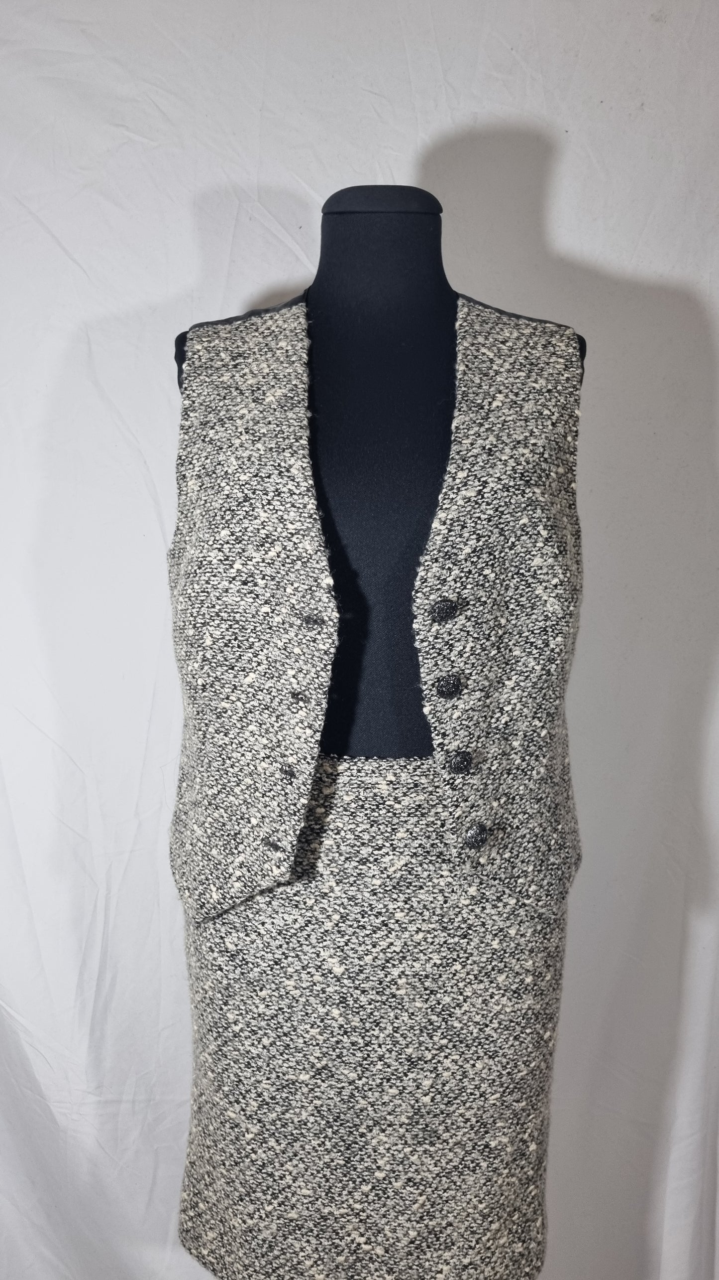 Tailleur completo vintage donna gonna gilet lana tweed bouclè grigio bianco nero tg 42