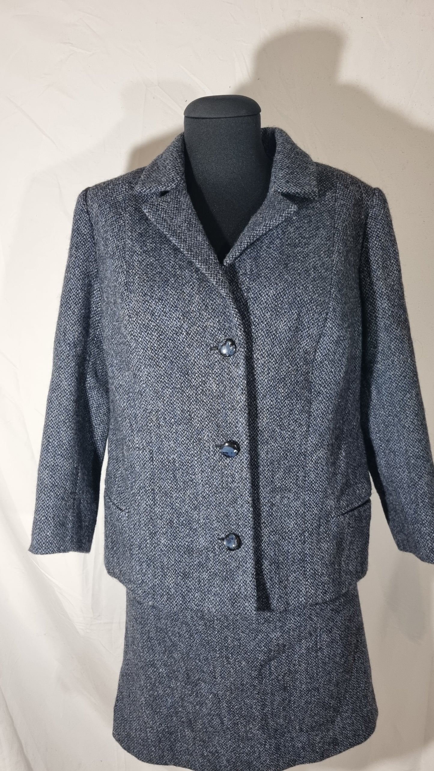 Tailleur vintage donna completo gonna giacca blazer lana tweed blu