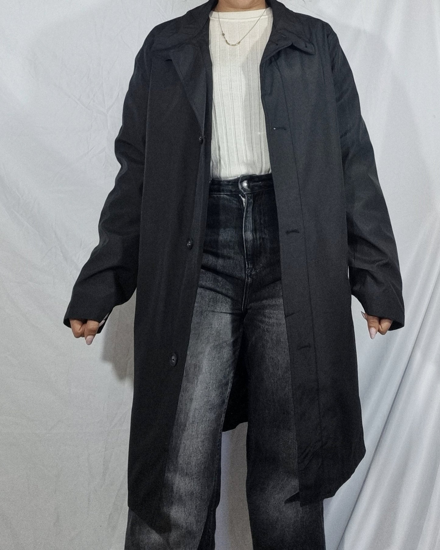 Trench vintage nero lungo viscosa impermeabile giacca a vento