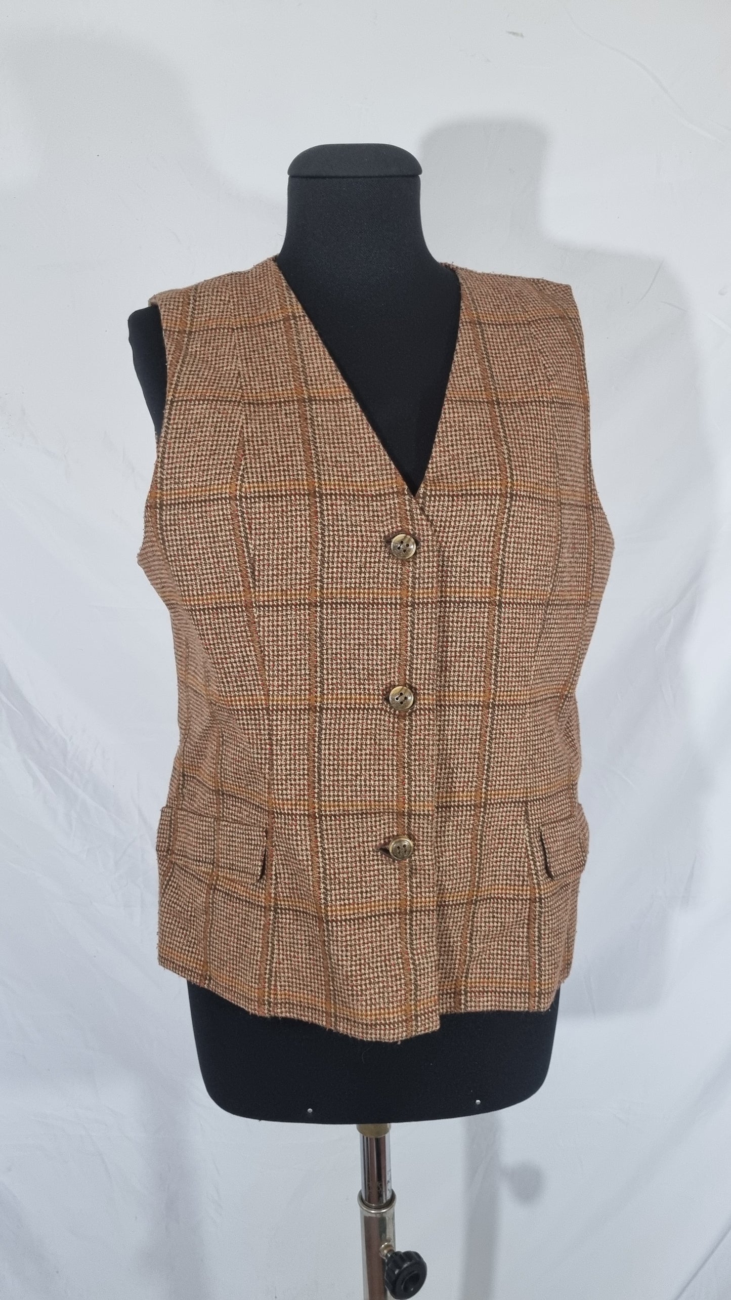 Tailleur completo vintage donna gonna gilet lana tweed quadri marrone arancio plaid tg 46