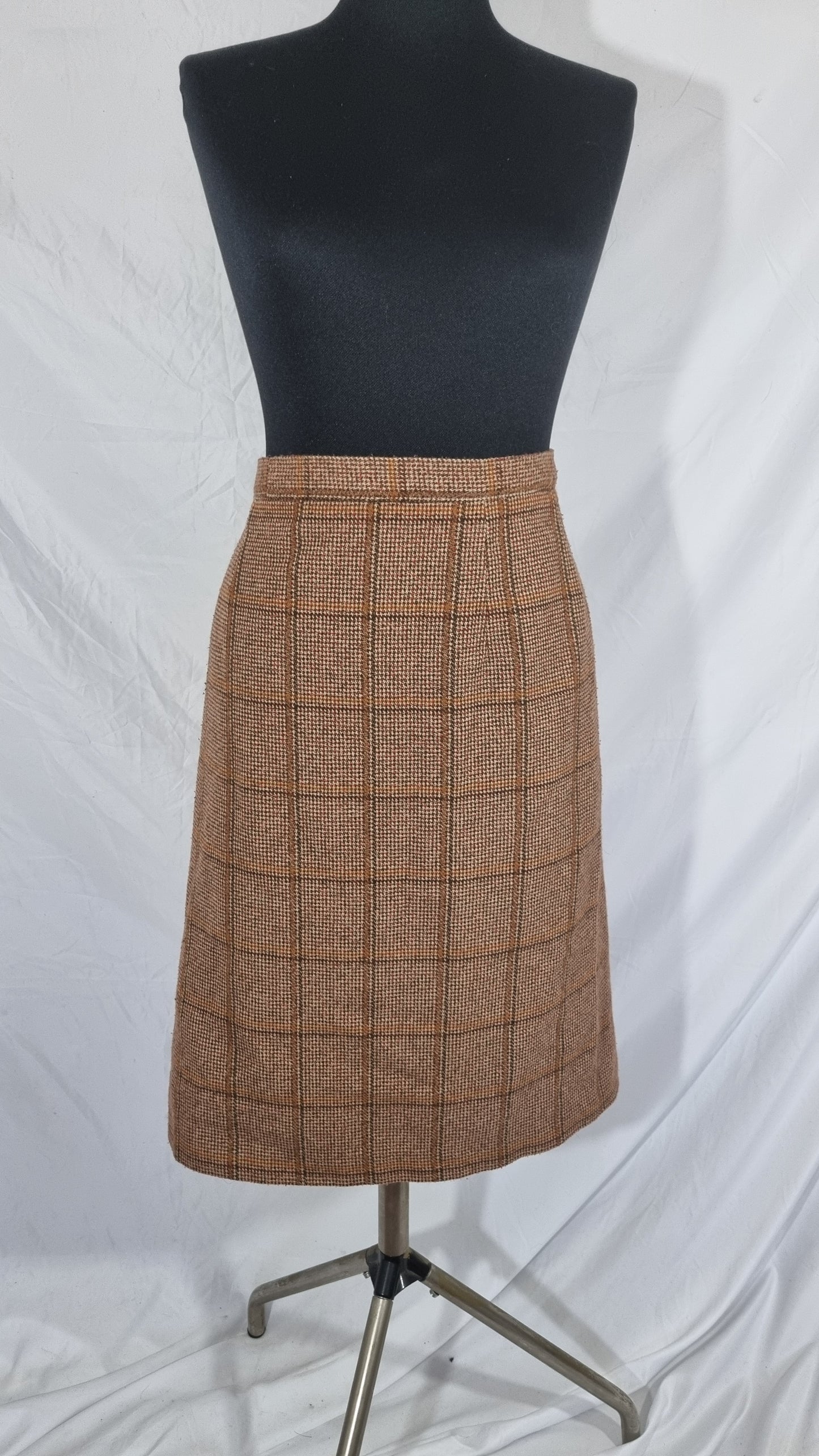 Tailleur completo vintage donna gonna gilet lana tweed quadri marrone arancio plaid tg 46