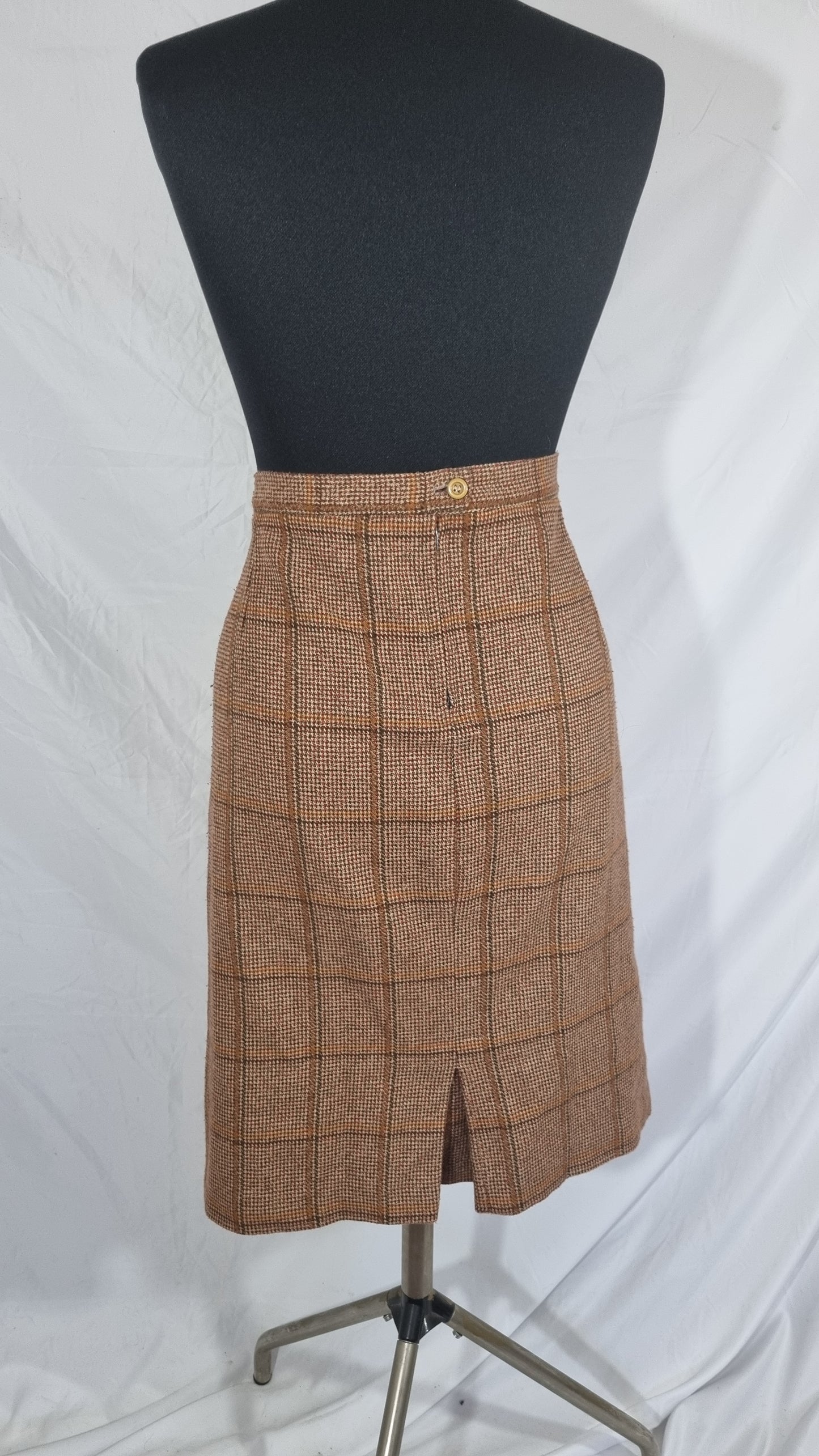 Tailleur completo vintage donna gonna gilet lana tweed quadri marrone arancio plaid tg 46