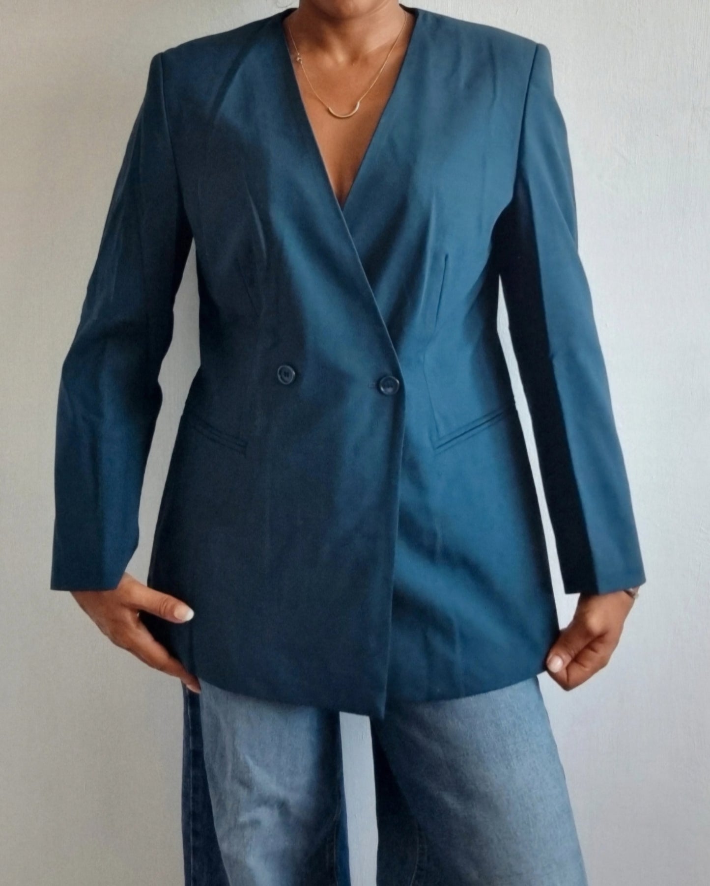 Giacca Blazer vintage donna blu ottanio fresco di lana 100% lungo oversize strutturato TG M