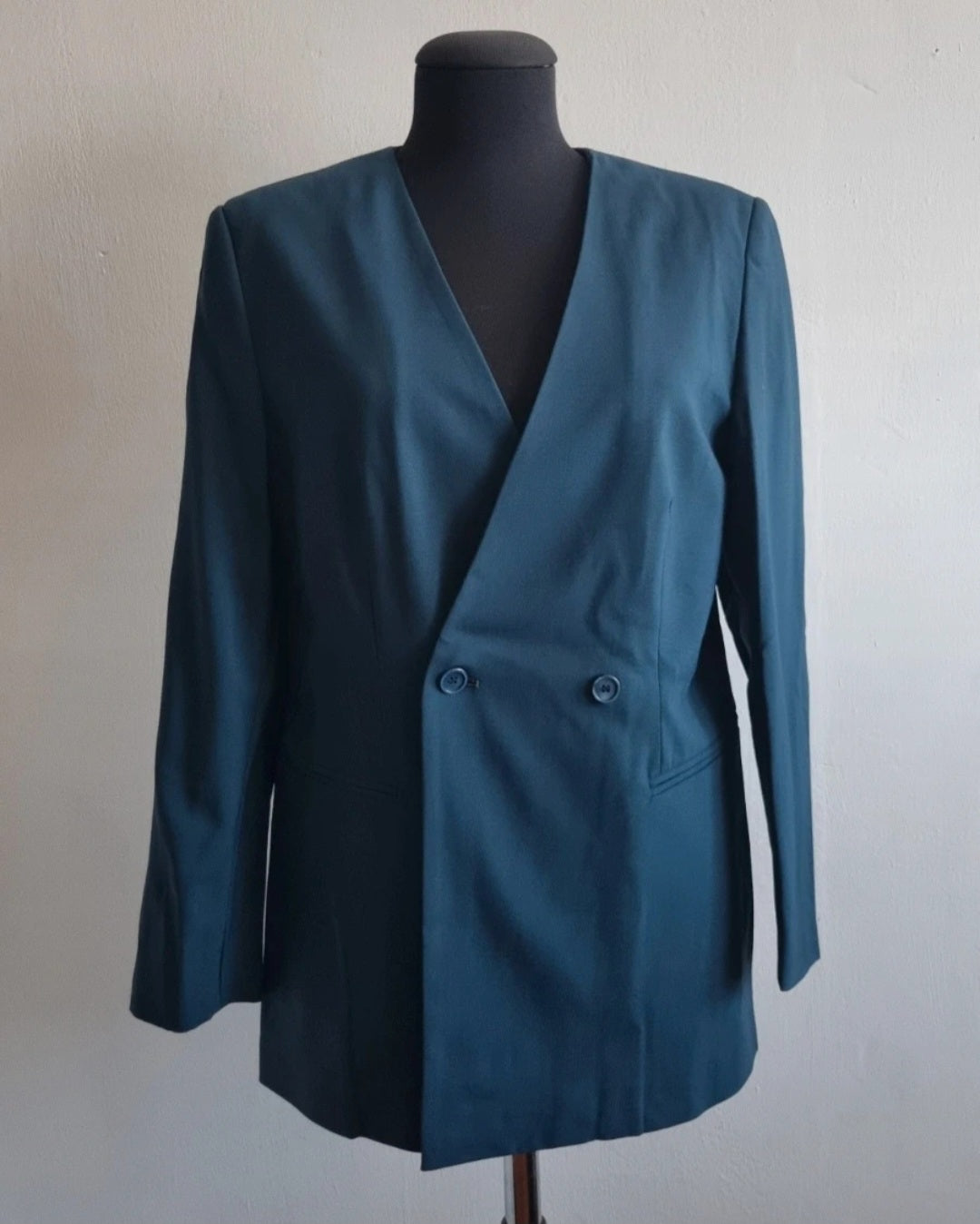 Giacca Blazer vintage donna blu ottanio fresco di lana 100% lungo oversize strutturato TG M