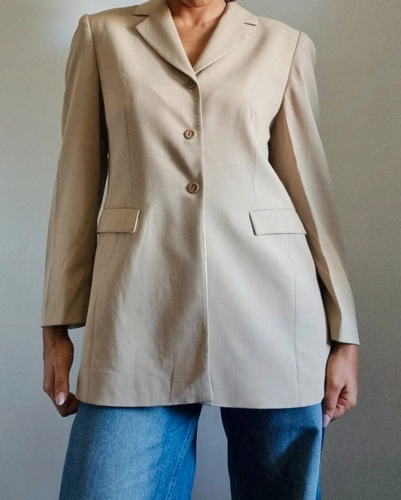 Giacca blazer donna vintage beige misto lana lungo strutturato TG 42