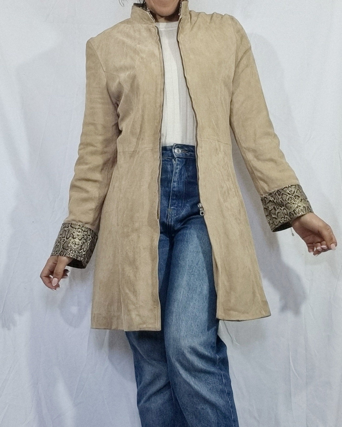 Giacca suede donna vintage camoscio beige cappotto giubbotto lungo tg 44