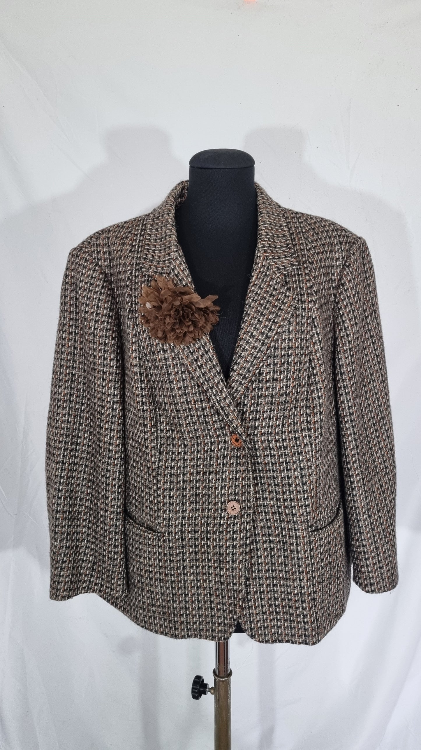 Giacca blazer donna tweed marrone vintage spilla fiore 100% lana vergine