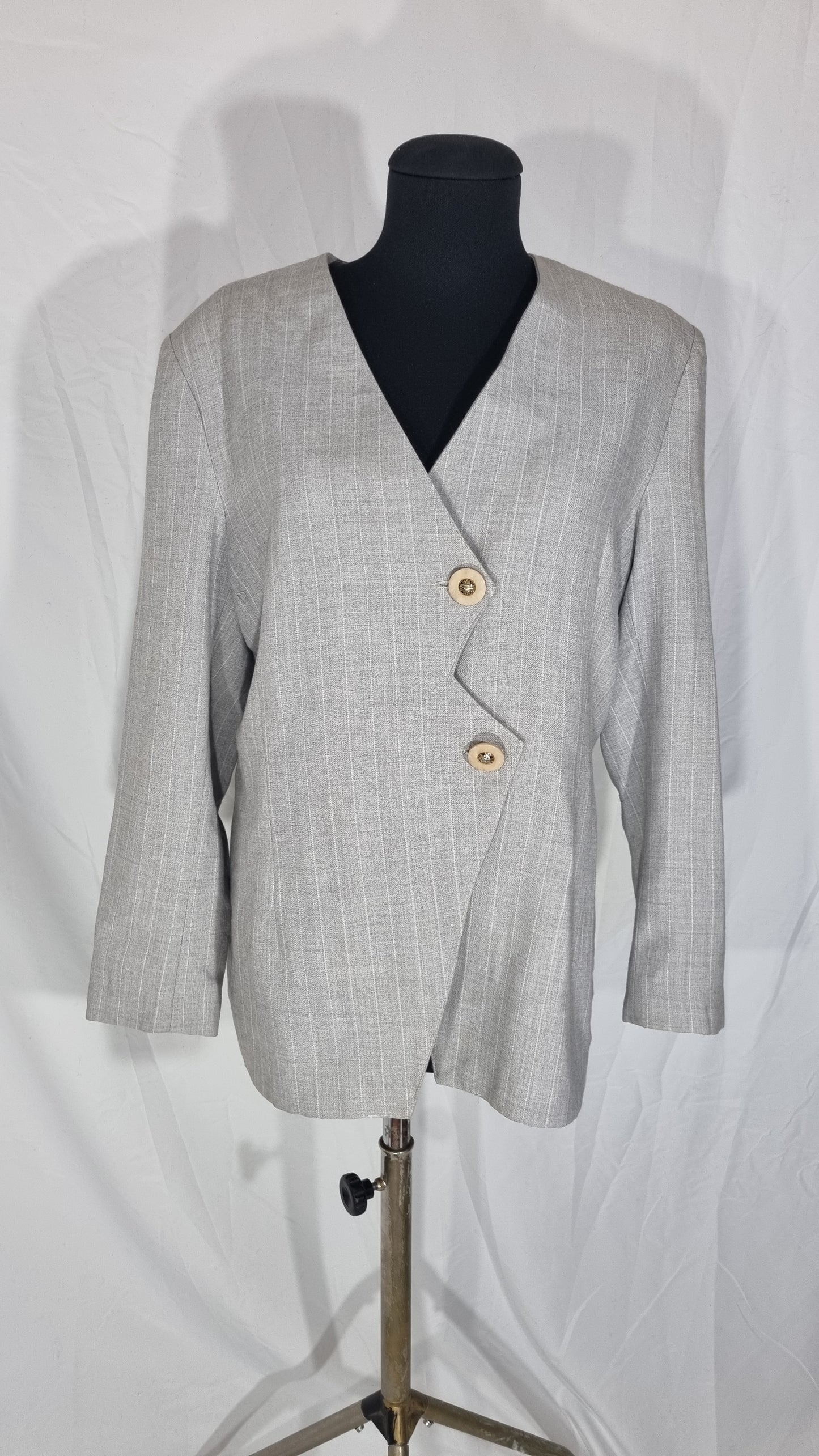 Giacca blazer vintage donna grigio gessato righe asimmetrico misto lana tg L