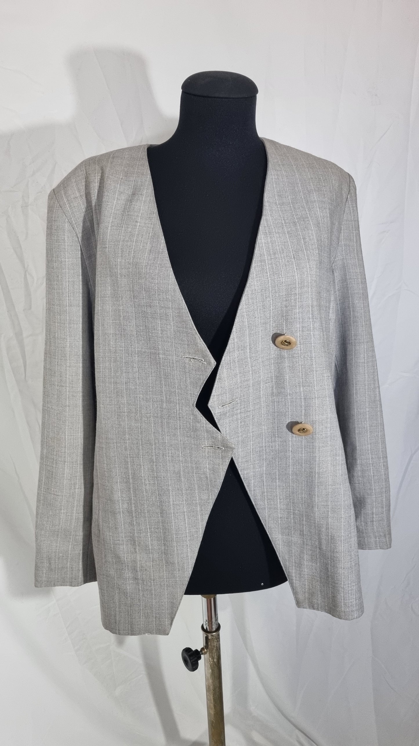 Giacca blazer vintage donna grigio gessato righe asimmetrico misto lana tg L