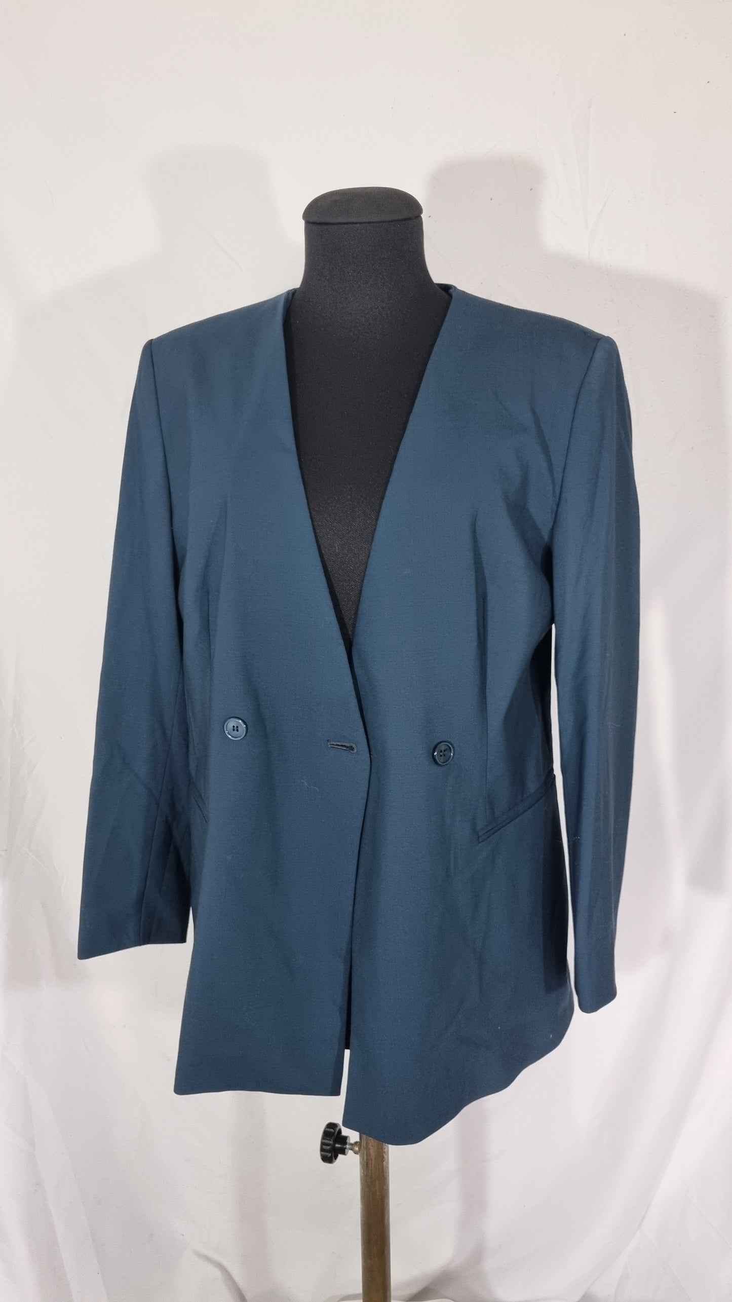 Giacca vintage donna blu ottanio blazer fresco di lana 100% lungo oversize strutturato TG 44