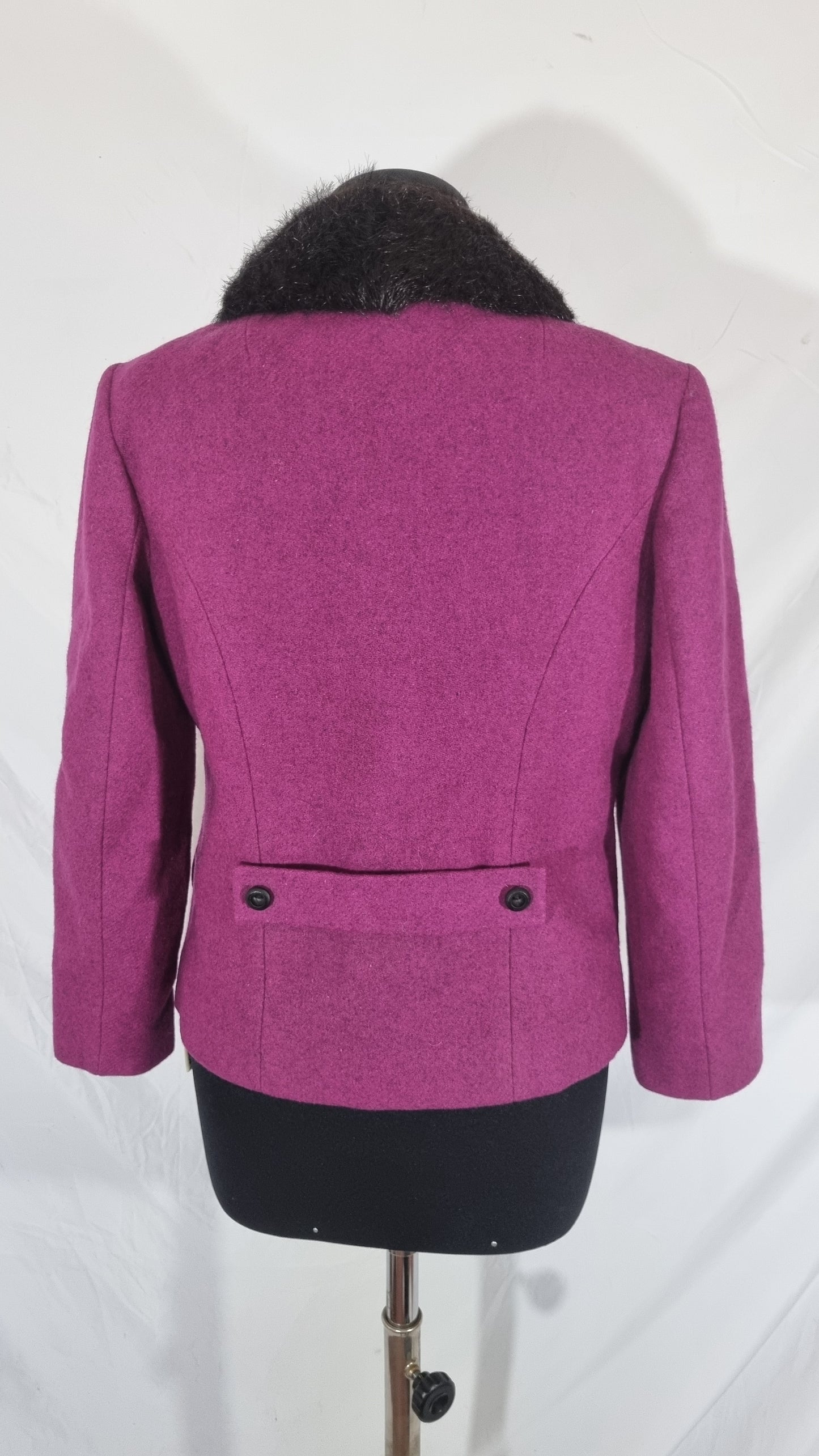 Tailleur vintage donna completo gonna giacca blazer lana fucsia collo pelliccia tg S