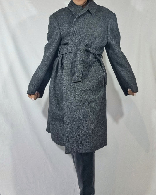 Cappotto vintage grigio lana cintura lungo fantasia spigato tg XXL