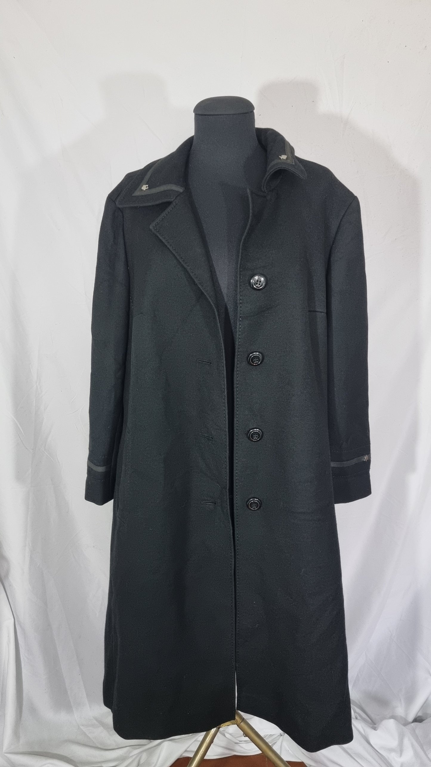 Cappotto vintage donna nero 100% lana lungo cintura tg L