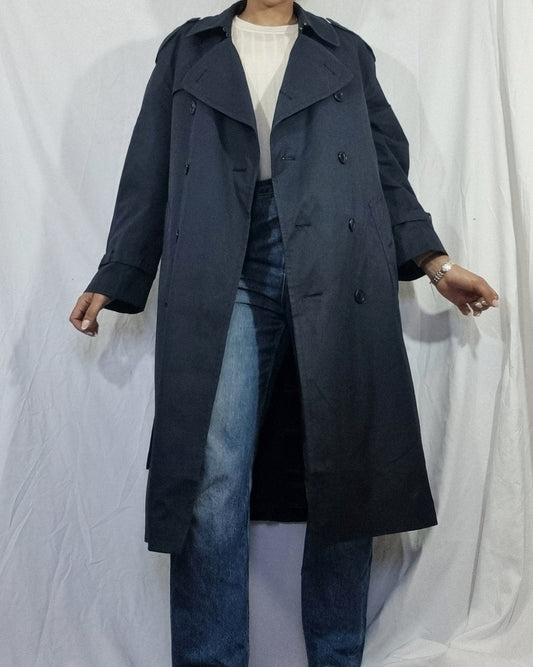 Cappotto trench vintage donna blu navy misto cotone impermeabile doppiopetto