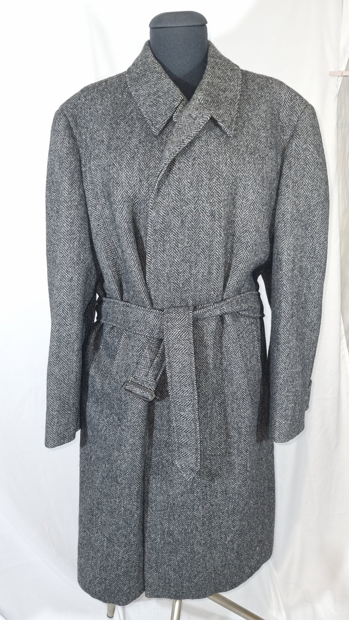 Cappotto vintage grigio lana cintura lungo fantasia spigato tg XXL