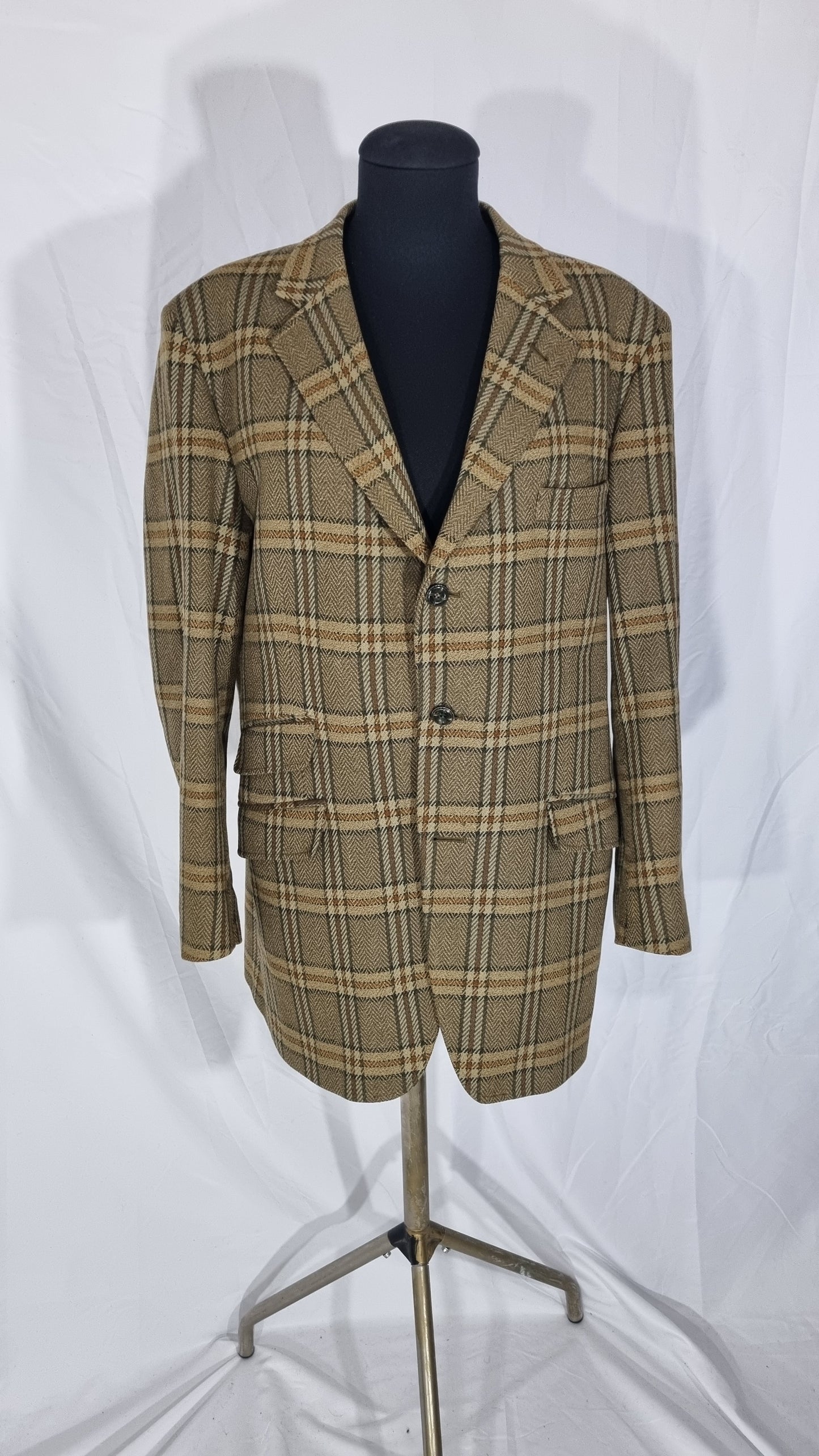 Giacca blazer vintage beige verde cachi quadri tartan scozzese lana tg 48