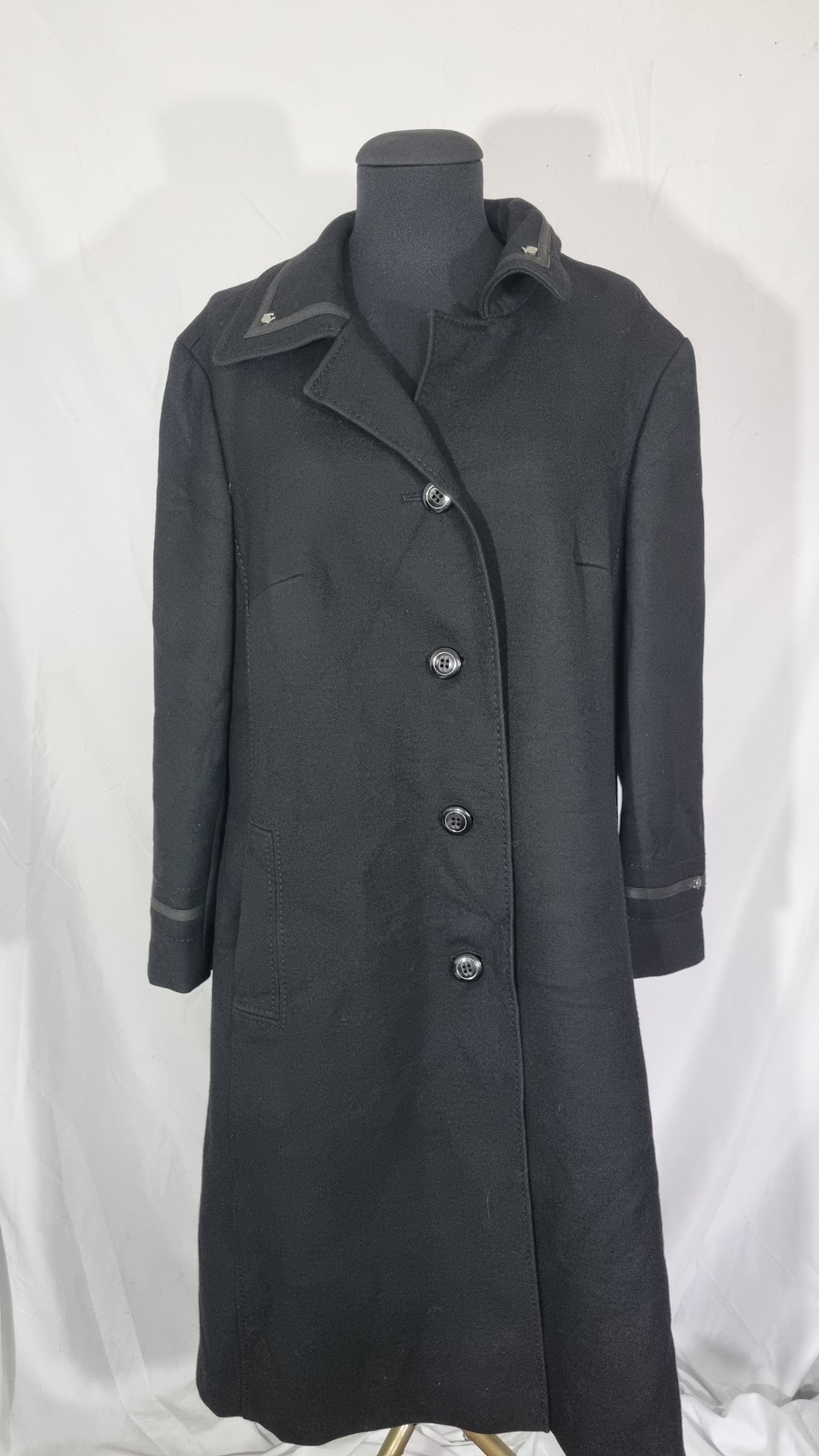 Cappotto vintage donna nero 100% lana lungo cintura tg L