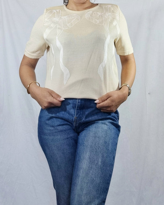 Maglione donna Valentino vintage top beige panna fiocchi tg 42