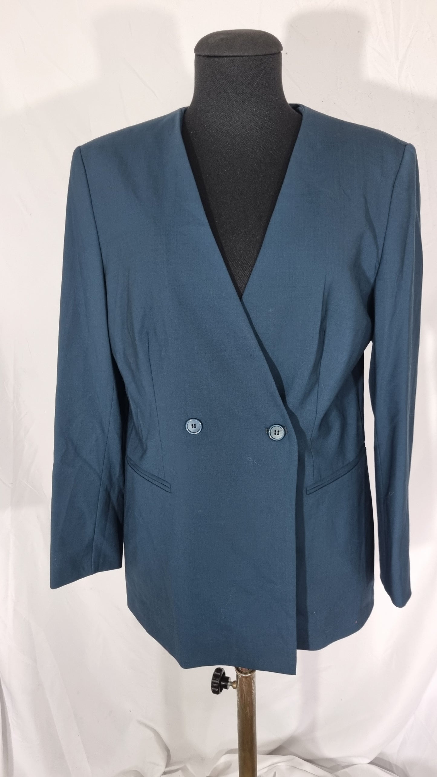 Giacca vintage donna blu ottanio blazer fresco di lana 100% lungo oversize strutturato TG 44