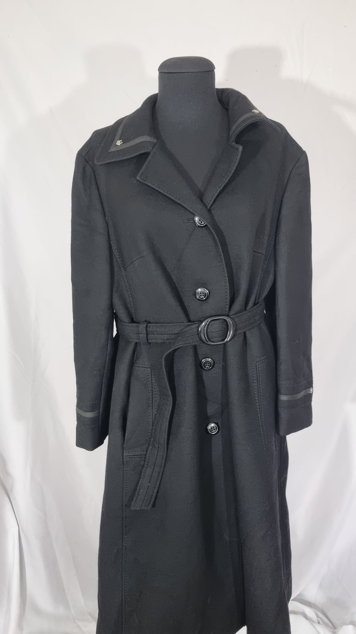 Cappotto vintage donna nero 100% lana lungo cintura tg L