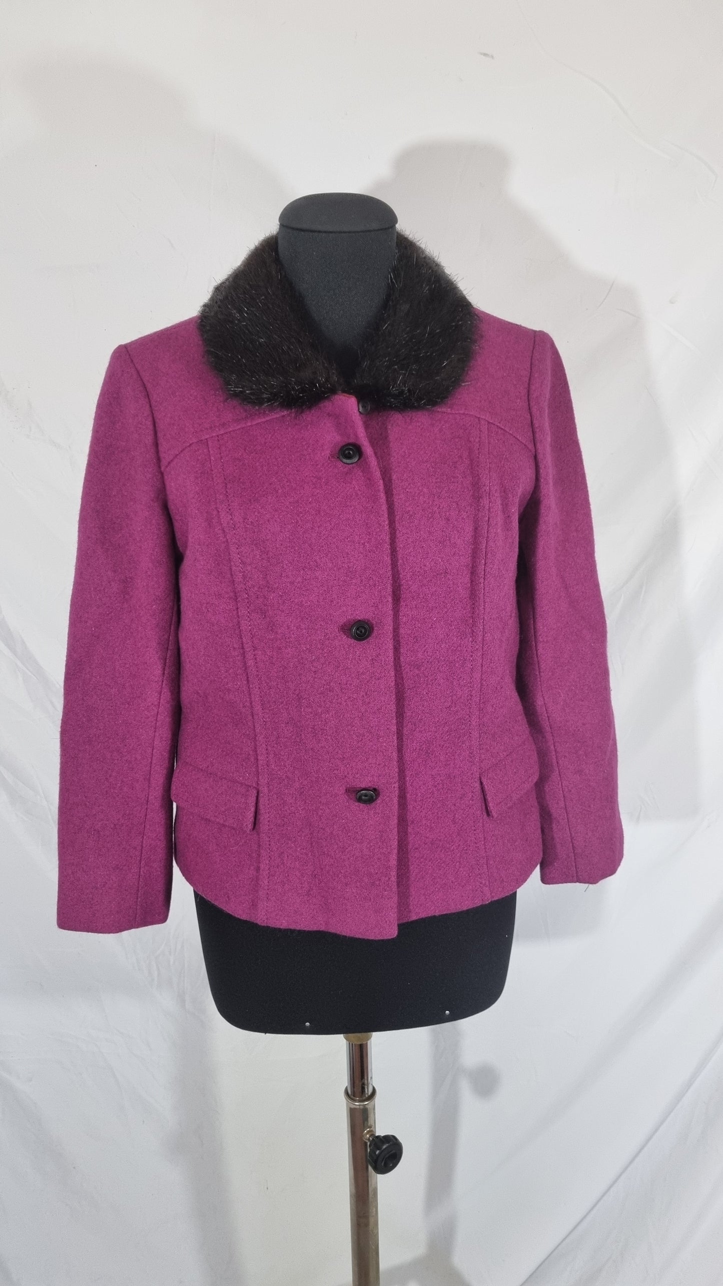 Tailleur vintage donna completo gonna giacca blazer lana fucsia collo pelliccia tg S